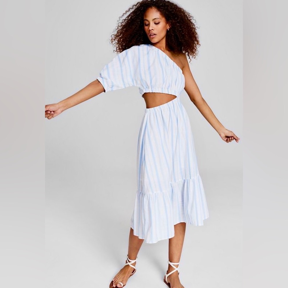 NWT AND NOW THIS STRIPED ONE SHOULDER CUTOUT MIDI DRESS SIZE M MEDIUM $59